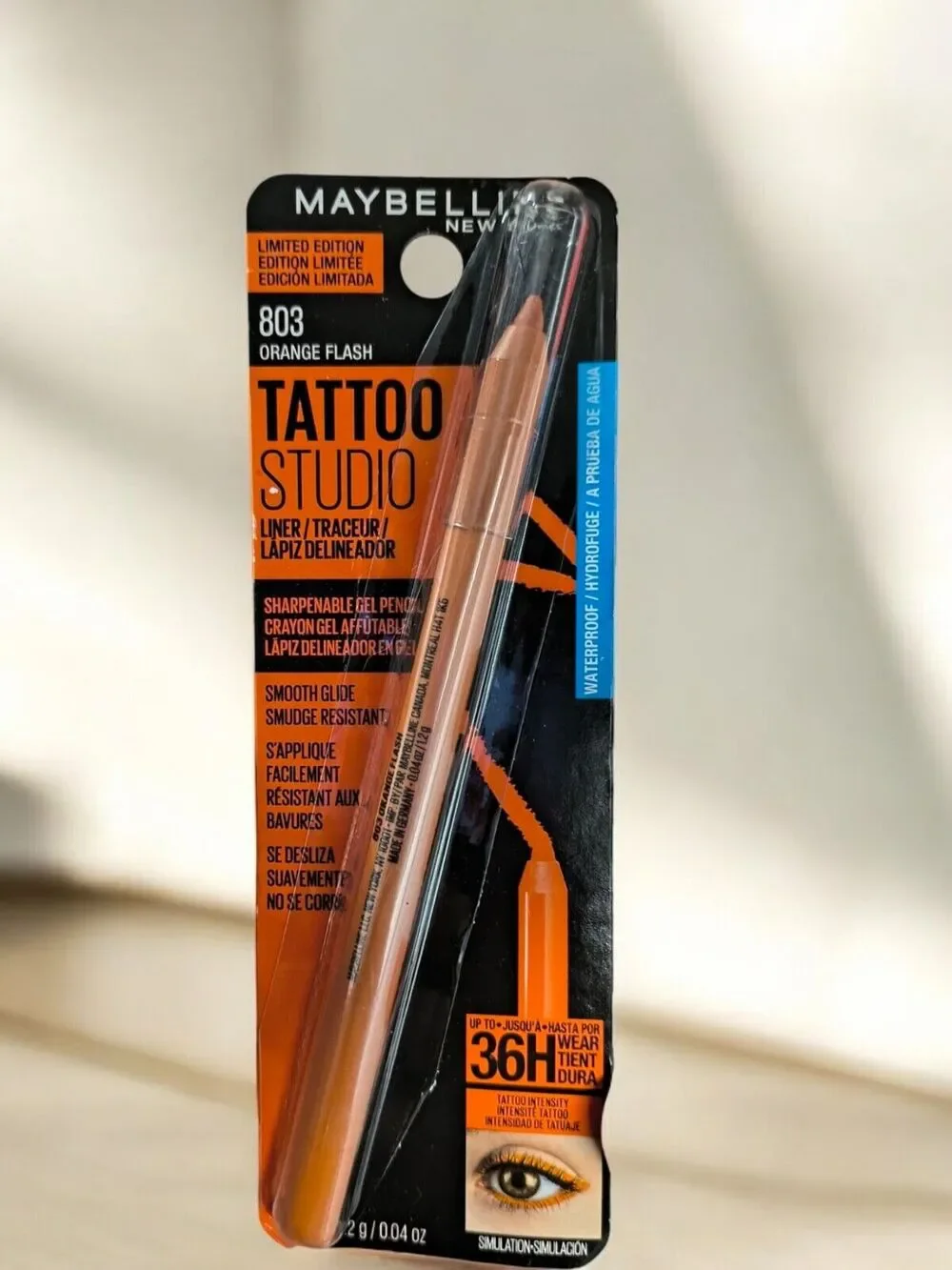 MAYBELLINE ~ TATTOO STUDIO GEL PENCIL LINER ~ # 803 ORANGE FLASH ~ 0.04 OZ